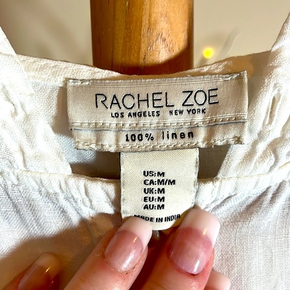 Racheal Zoe M  100% linen.White w/taupe tie-dye print.Roll tab sleeves,hi/low - Picture 7 of 7